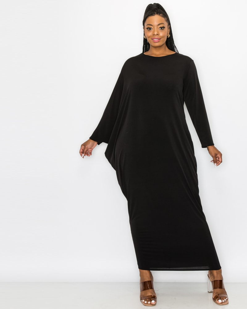 Front of a model wearing a size 1X Louella Asymmetrical Maxi Dress in Black by L I V D. | dia_product_style_image_id:244368